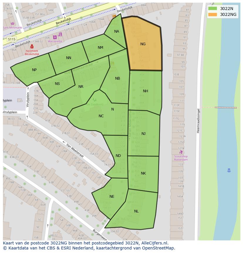 Afbeelding van het postcodegebied 3022 NG op de kaart.