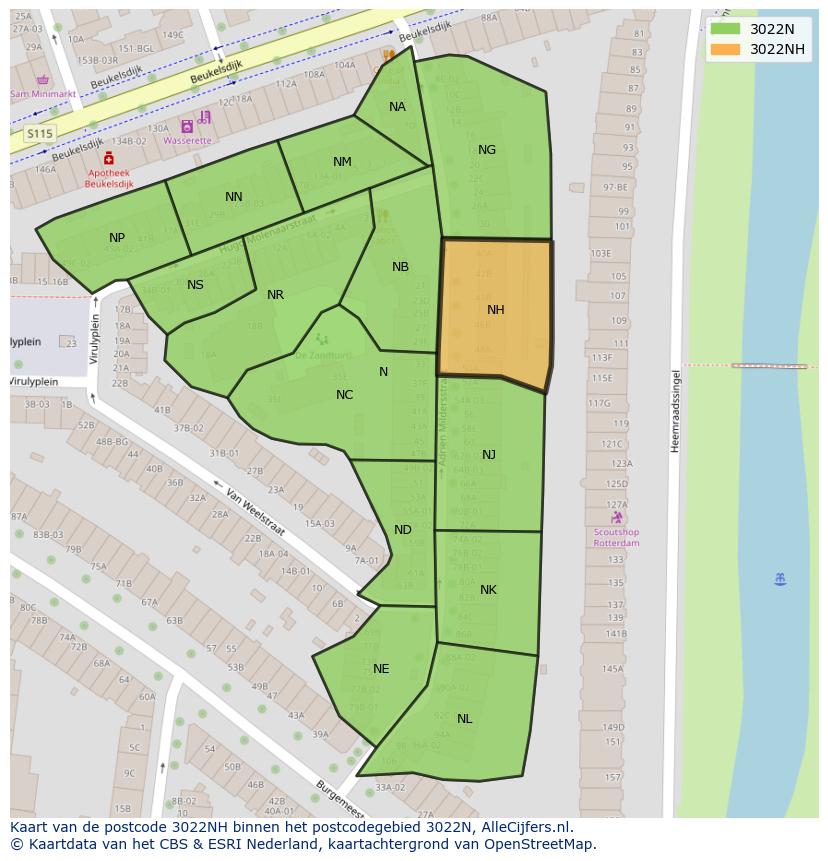 Afbeelding van het postcodegebied 3022 NH op de kaart.