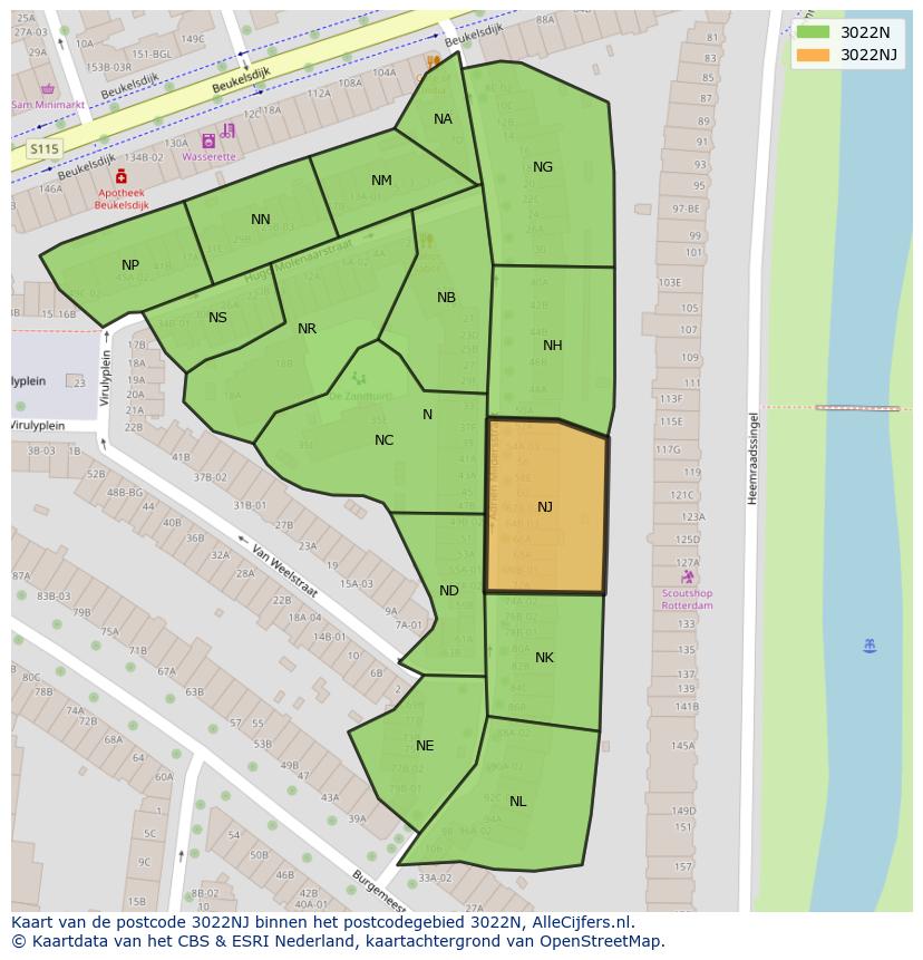 Afbeelding van het postcodegebied 3022 NJ op de kaart.