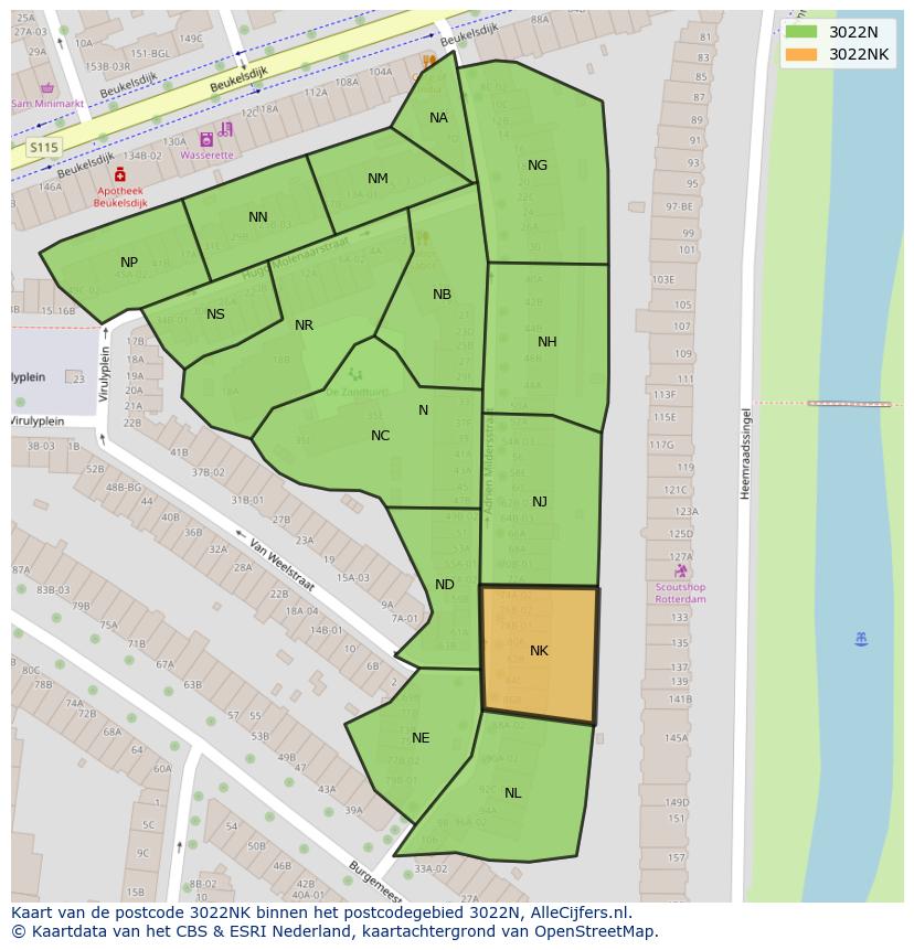 Afbeelding van het postcodegebied 3022 NK op de kaart.