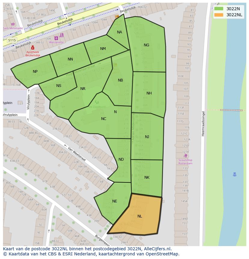 Afbeelding van het postcodegebied 3022 NL op de kaart.