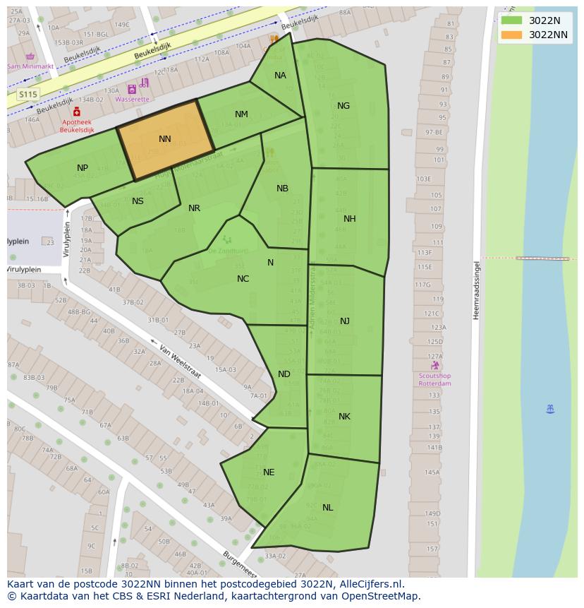 Afbeelding van het postcodegebied 3022 NN op de kaart.