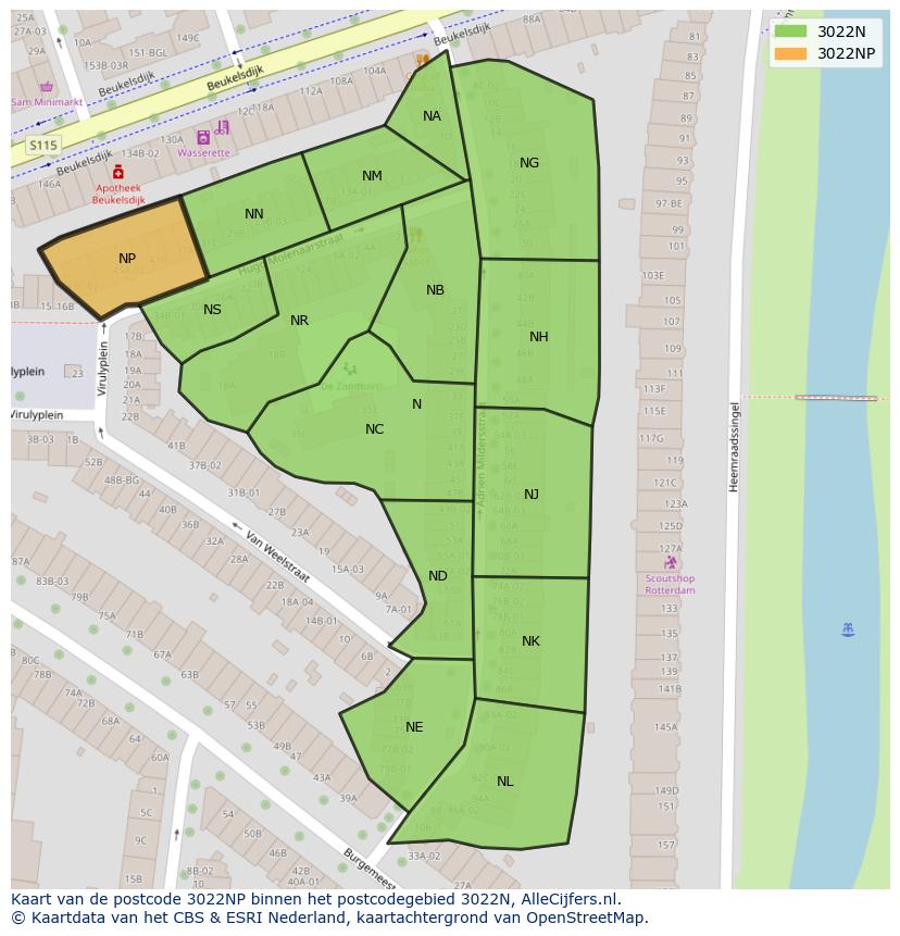 Afbeelding van het postcodegebied 3022 NP op de kaart.