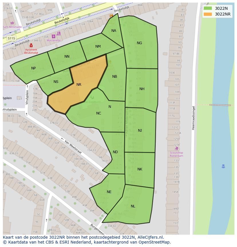 Afbeelding van het postcodegebied 3022 NR op de kaart.