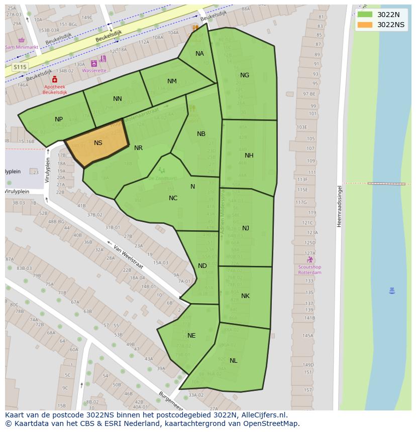 Afbeelding van het postcodegebied 3022 NS op de kaart.