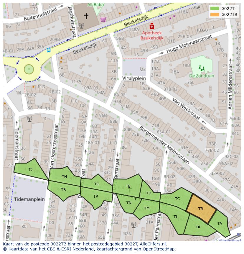 Afbeelding van het postcodegebied 3022 TB op de kaart.