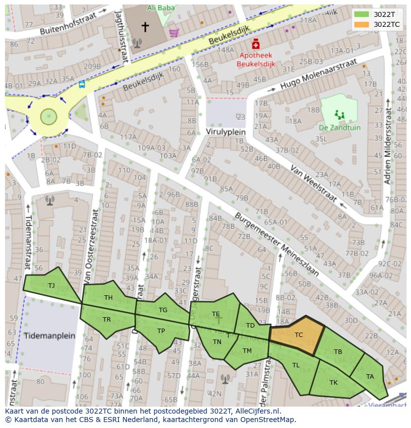 Afbeelding van het postcodegebied 3022 TC op de kaart.