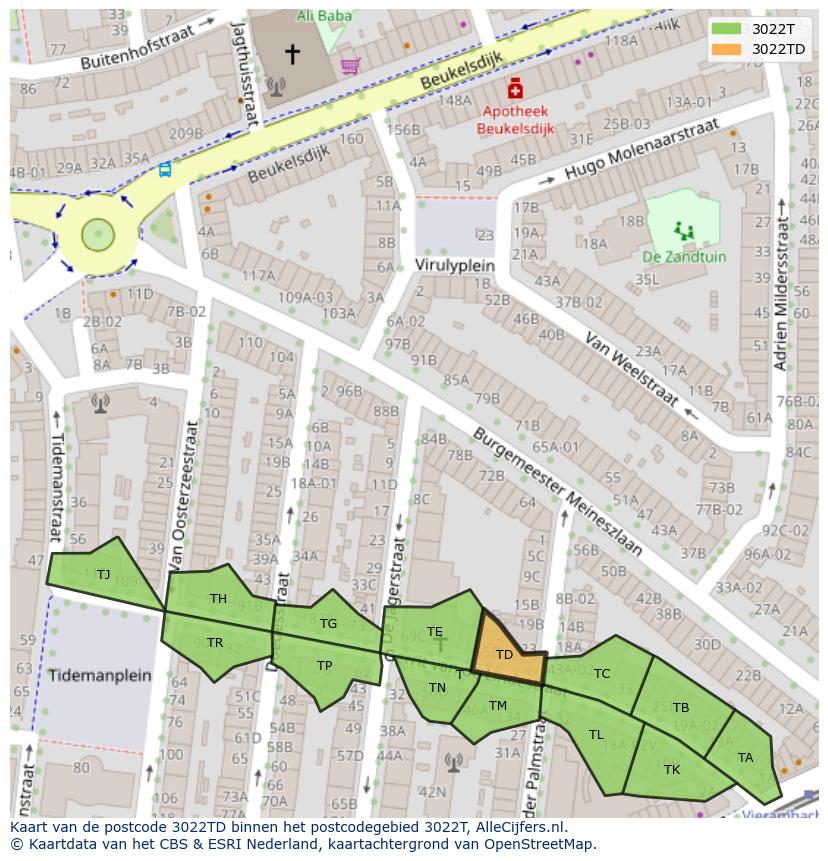 Afbeelding van het postcodegebied 3022 TD op de kaart.