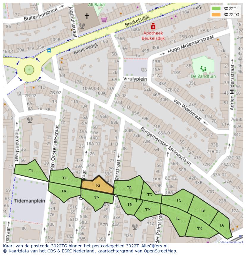 Afbeelding van het postcodegebied 3022 TG op de kaart.