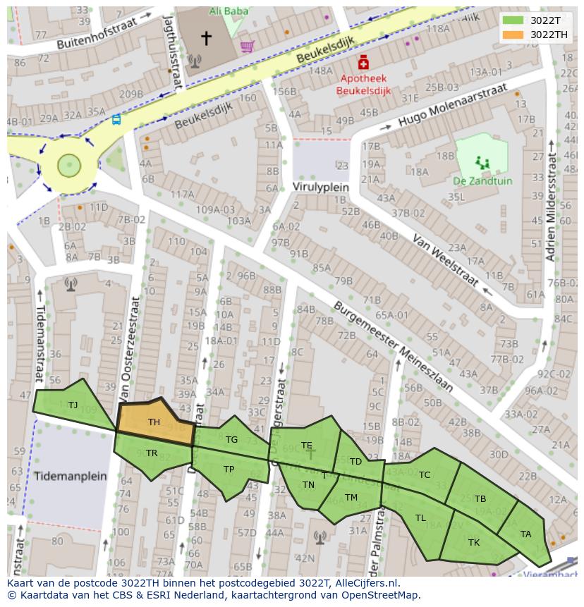 Afbeelding van het postcodegebied 3022 TH op de kaart.