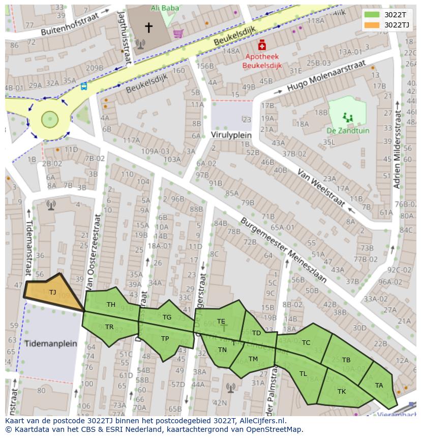 Afbeelding van het postcodegebied 3022 TJ op de kaart.