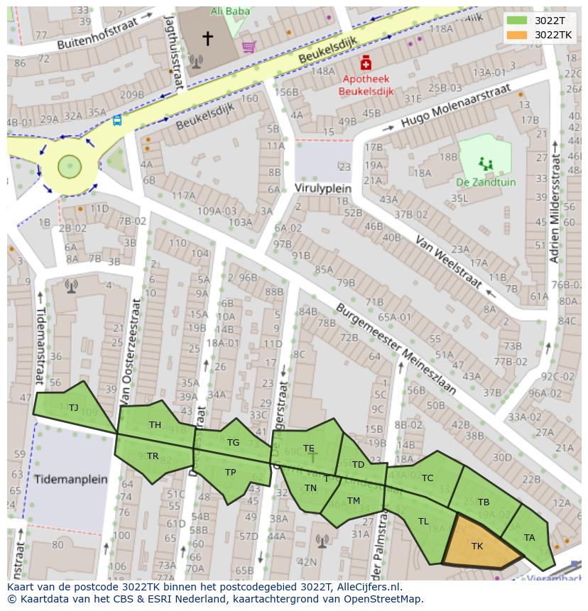 Afbeelding van het postcodegebied 3022 TK op de kaart.
