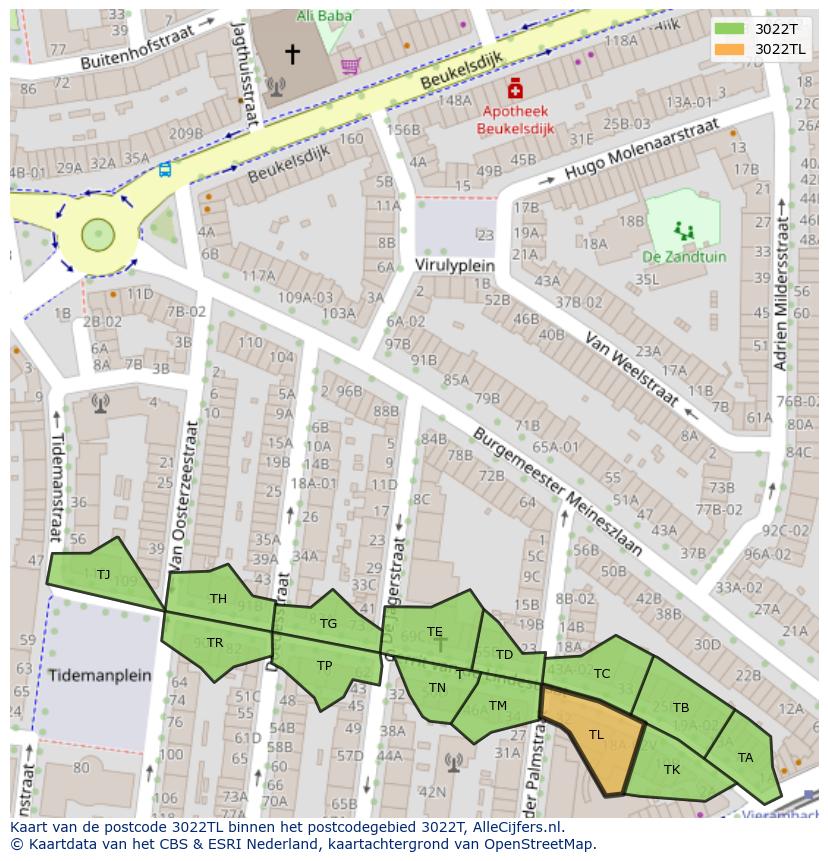 Afbeelding van het postcodegebied 3022 TL op de kaart.