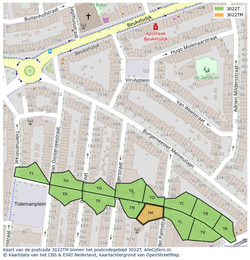 Afbeelding van het postcodegebied 3022 TM op de kaart.