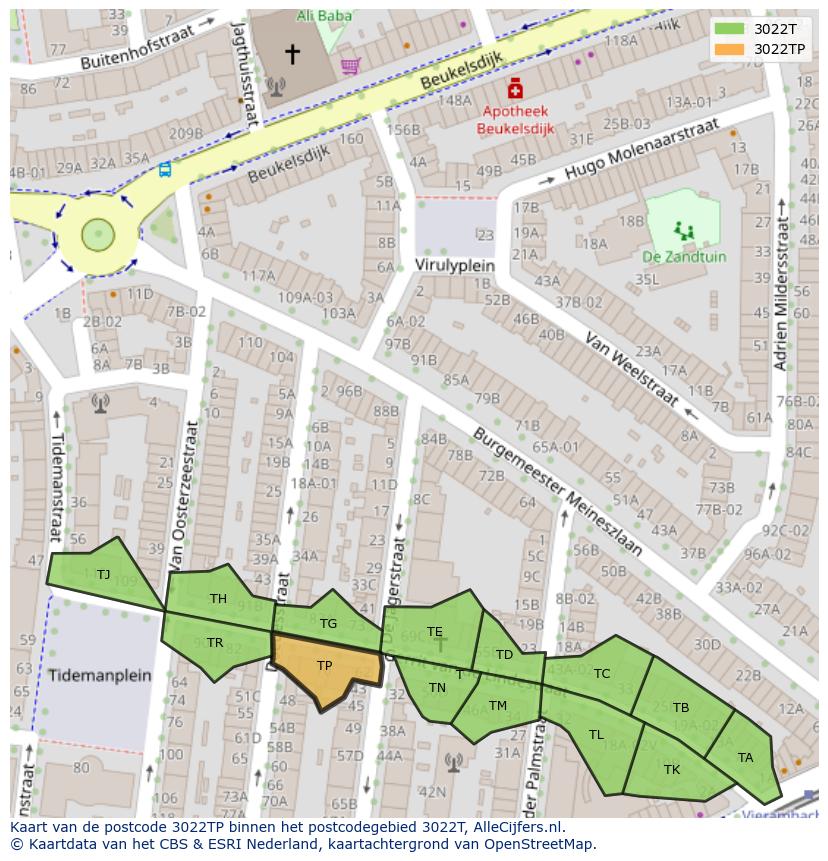 Afbeelding van het postcodegebied 3022 TP op de kaart.