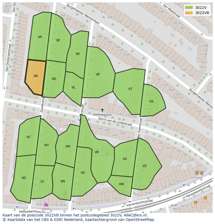 Afbeelding van het postcodegebied 3022 VB op de kaart.