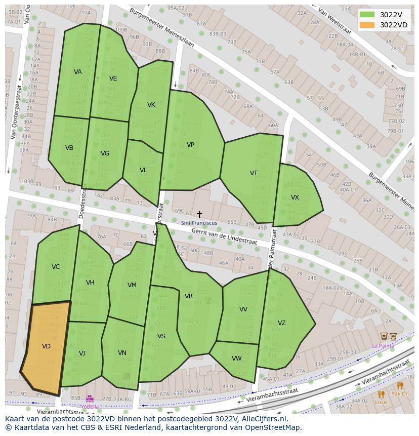 Afbeelding van het postcodegebied 3022 VD op de kaart.