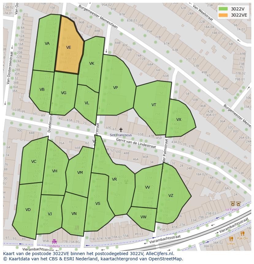 Afbeelding van het postcodegebied 3022 VE op de kaart.