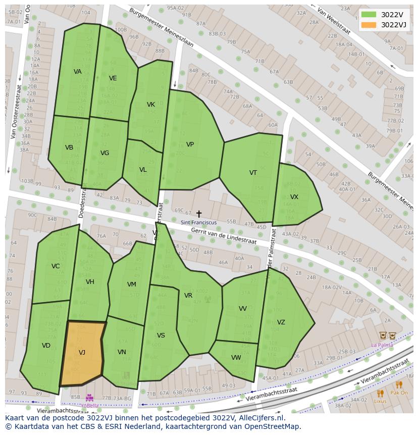 Afbeelding van het postcodegebied 3022 VJ op de kaart.