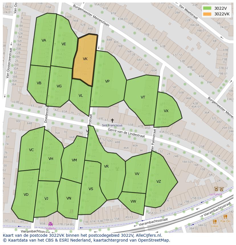Afbeelding van het postcodegebied 3022 VK op de kaart.