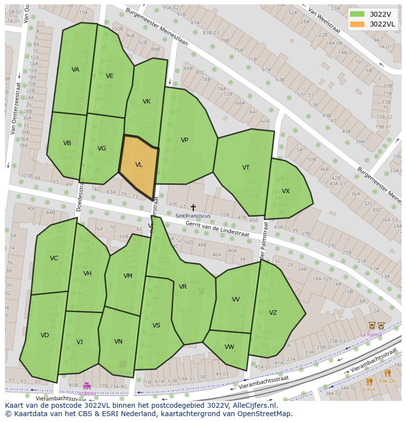 Afbeelding van het postcodegebied 3022 VL op de kaart.
