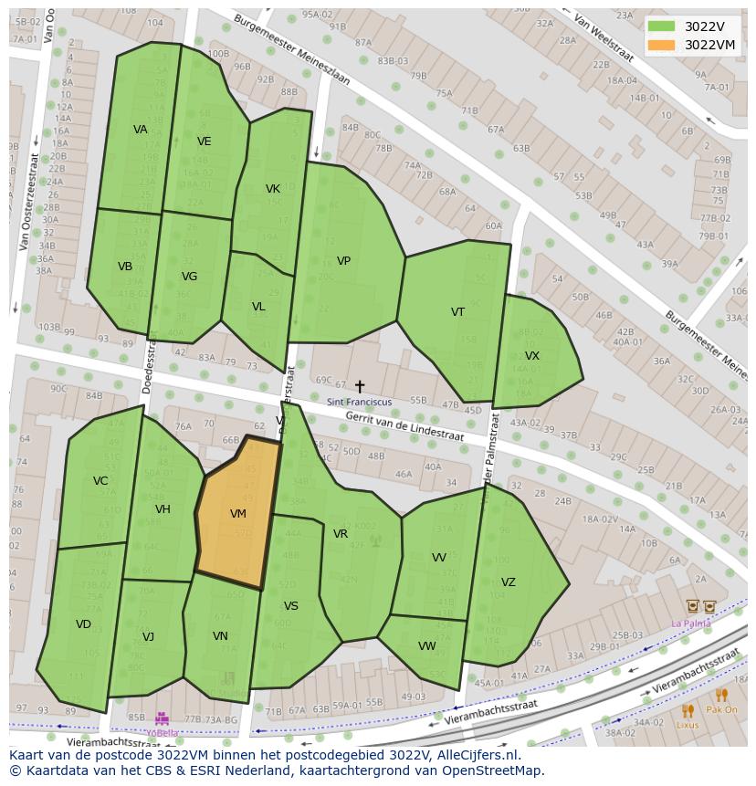 Afbeelding van het postcodegebied 3022 VM op de kaart.