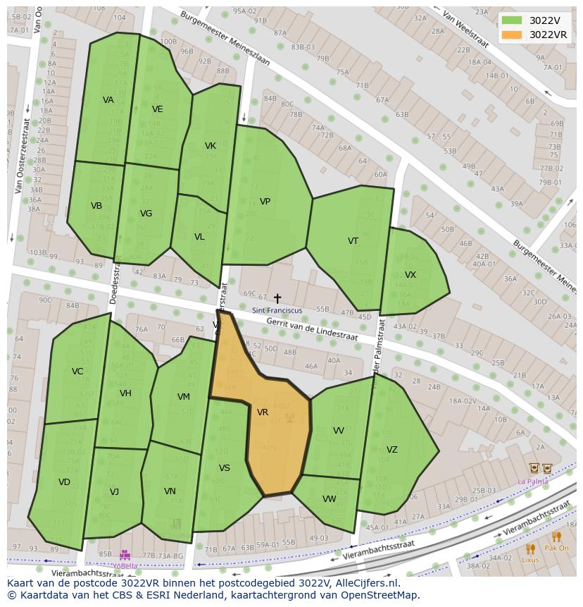 Afbeelding van het postcodegebied 3022 VR op de kaart.