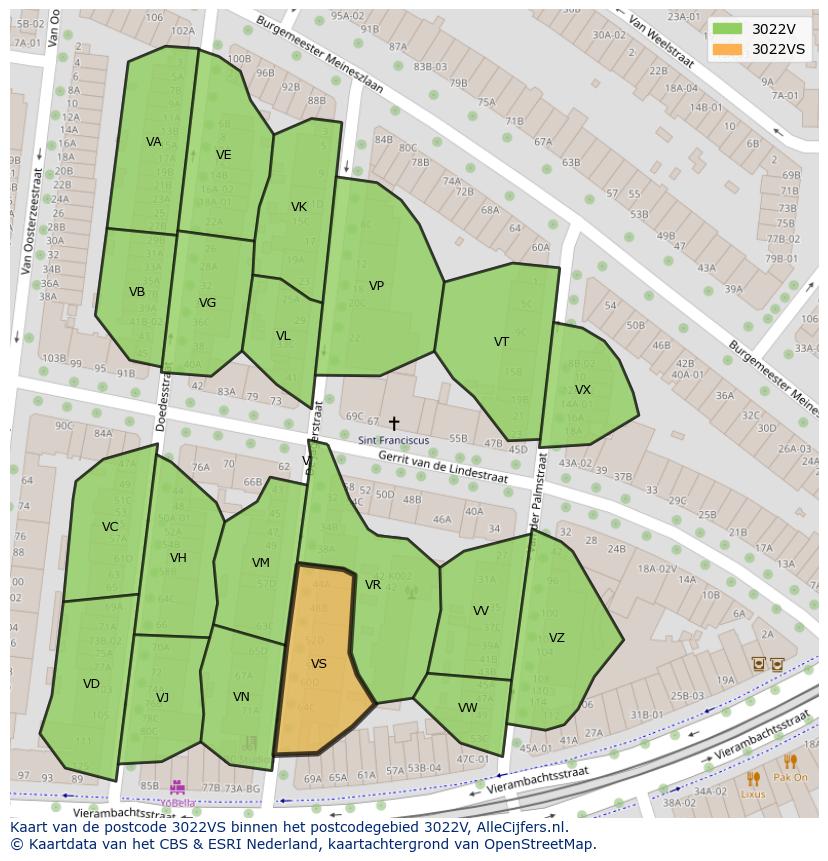 Afbeelding van het postcodegebied 3022 VS op de kaart.