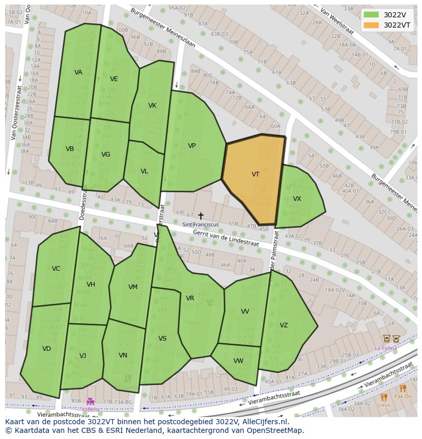 Afbeelding van het postcodegebied 3022 VT op de kaart.