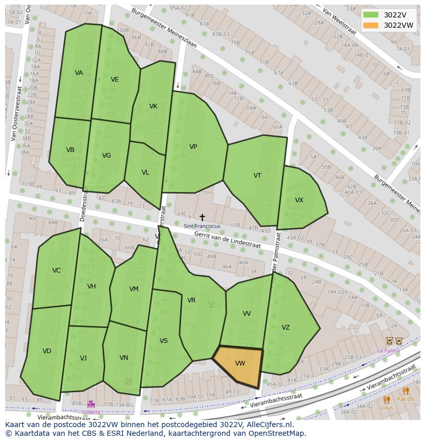 Afbeelding van het postcodegebied 3022 VW op de kaart.