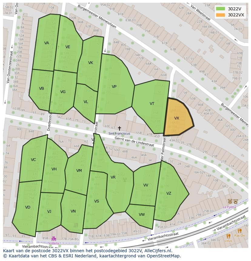 Afbeelding van het postcodegebied 3022 VX op de kaart.