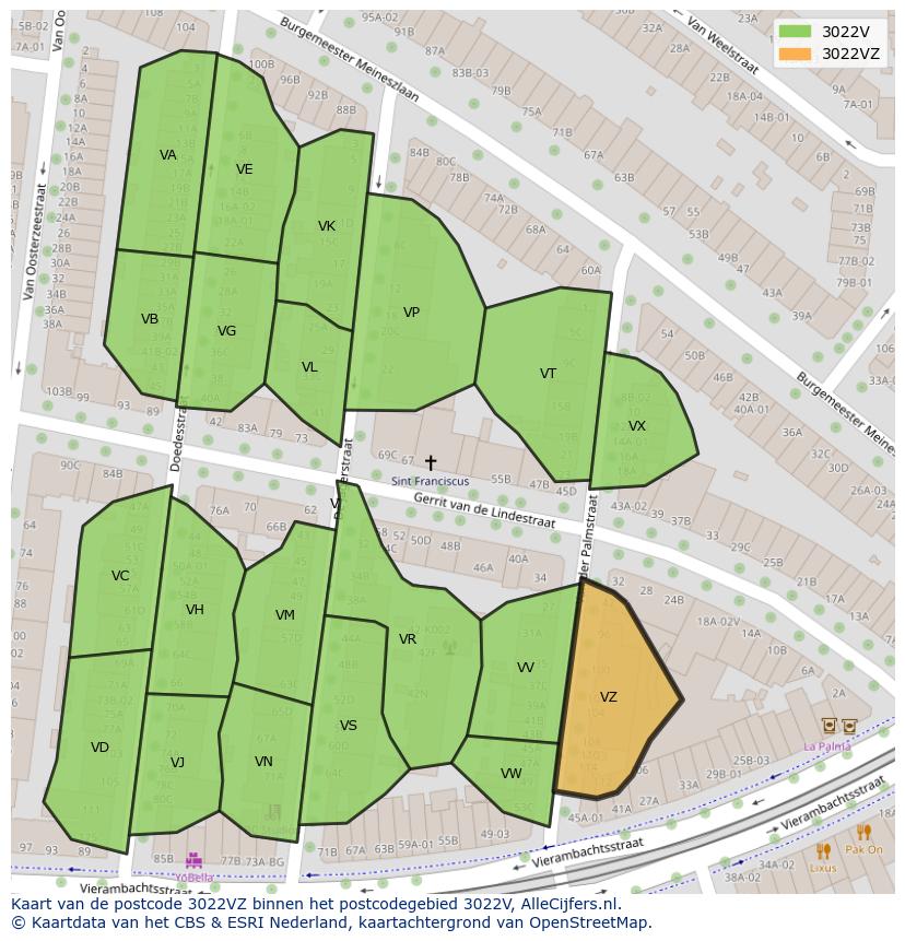Afbeelding van het postcodegebied 3022 VZ op de kaart.