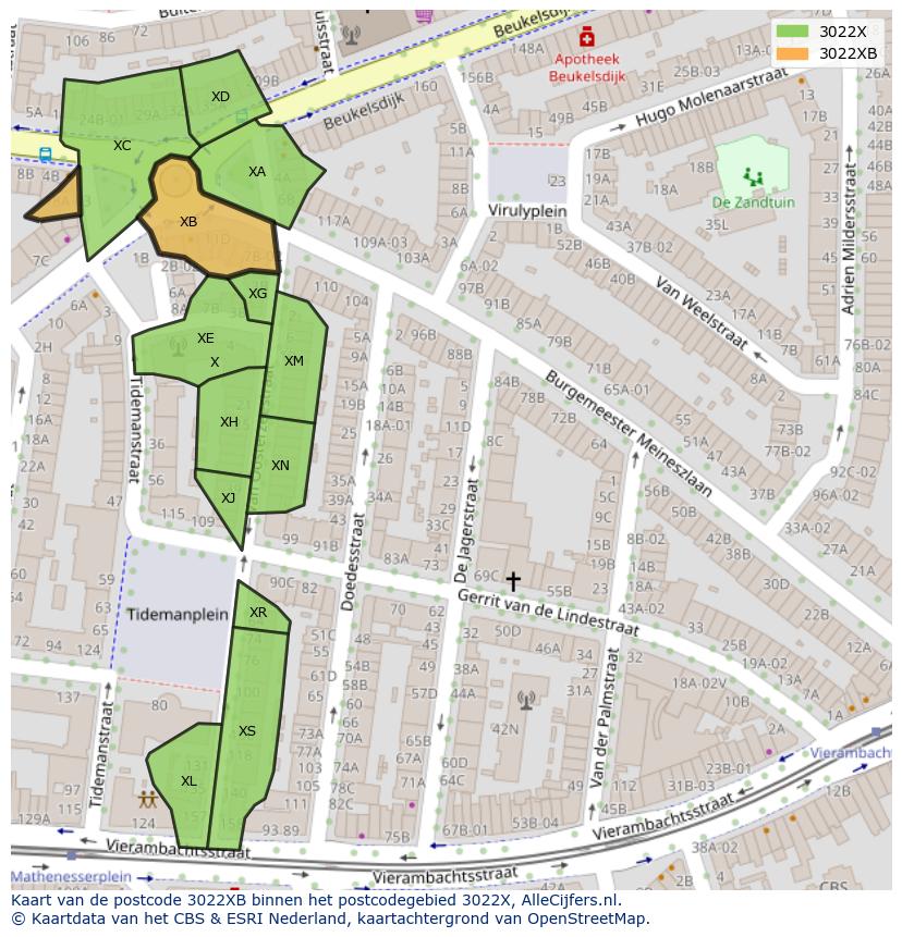 Afbeelding van het postcodegebied 3022 XB op de kaart.