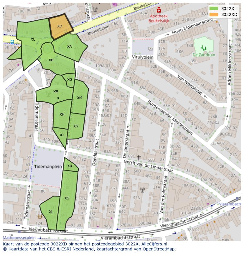 Afbeelding van het postcodegebied 3022 XD op de kaart.