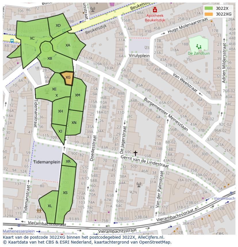 Afbeelding van het postcodegebied 3022 XG op de kaart.