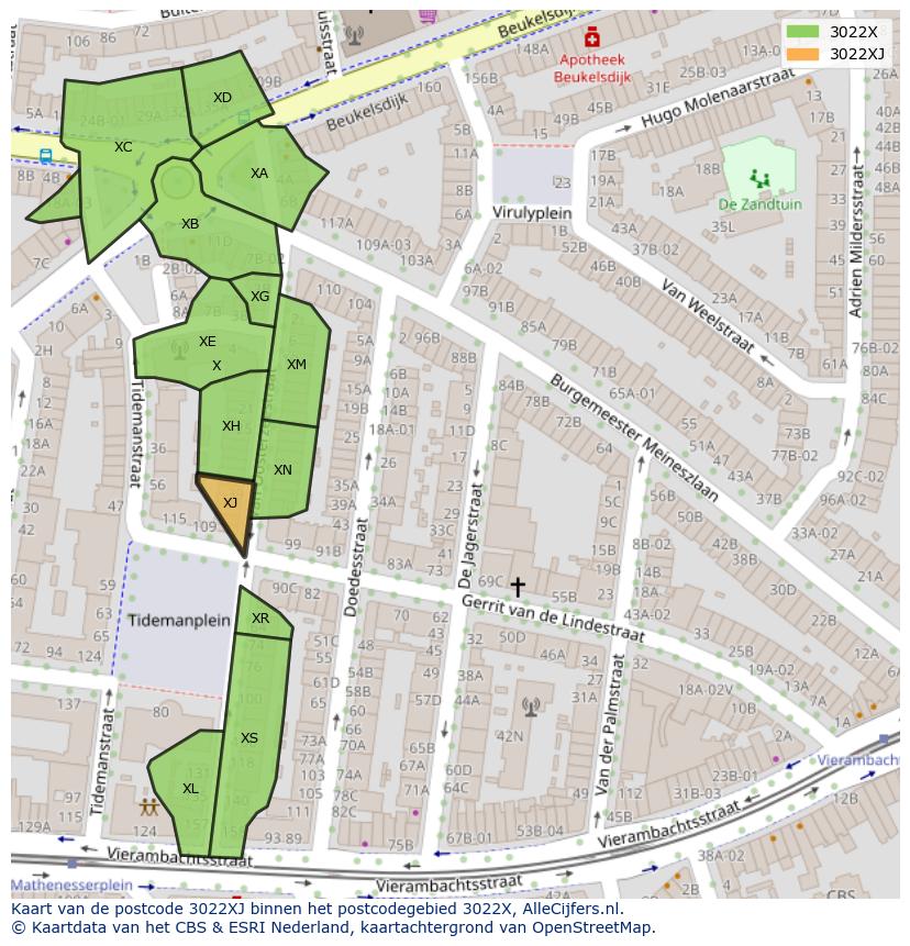 Afbeelding van het postcodegebied 3022 XJ op de kaart.