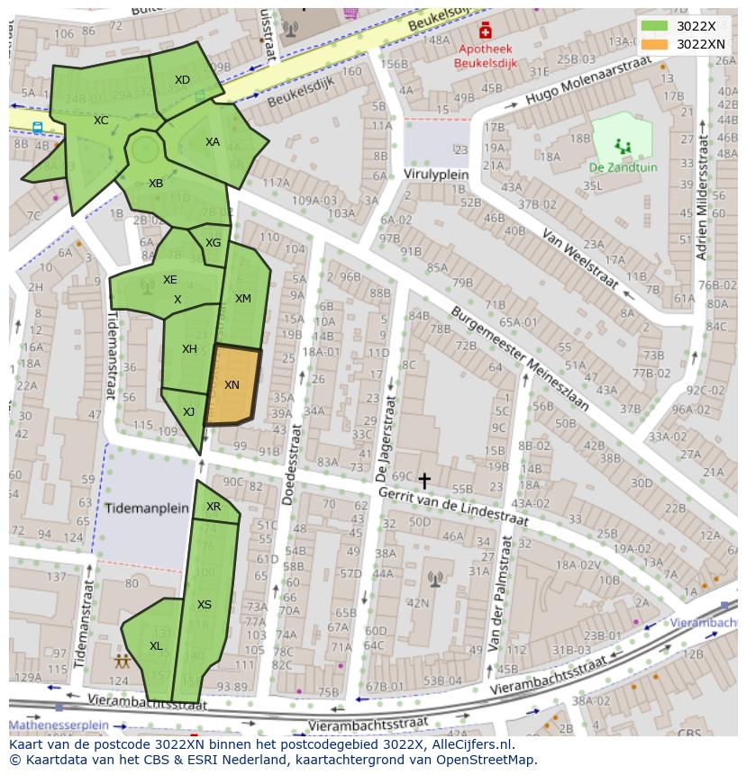 Afbeelding van het postcodegebied 3022 XN op de kaart.
