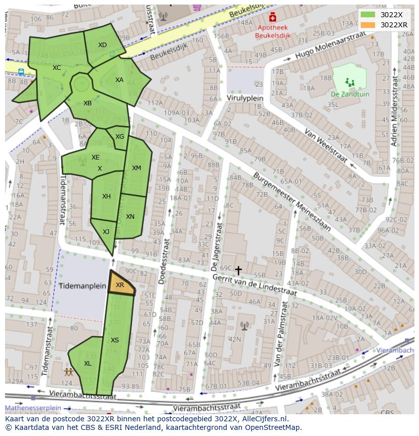 Afbeelding van het postcodegebied 3022 XR op de kaart.
