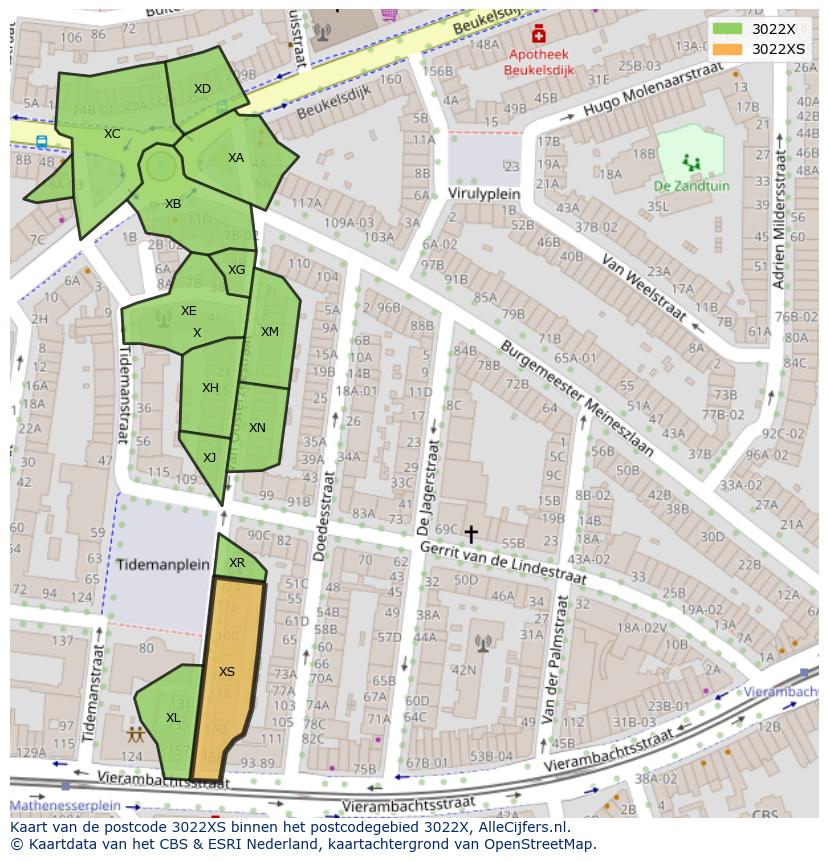 Afbeelding van het postcodegebied 3022 XS op de kaart.