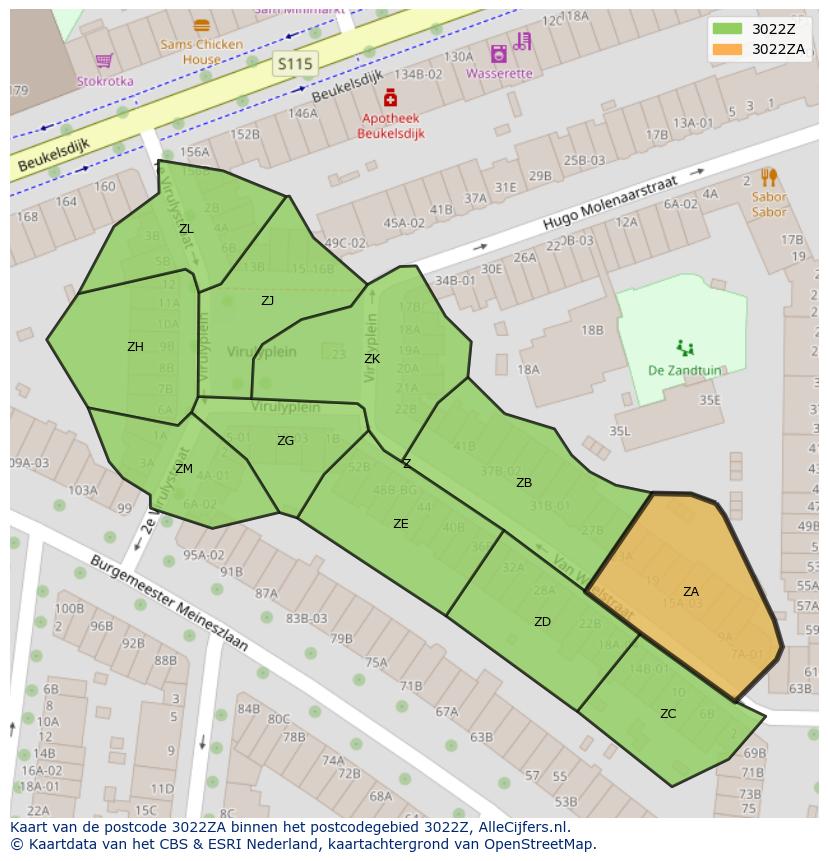 Afbeelding van het postcodegebied 3022 ZA op de kaart.