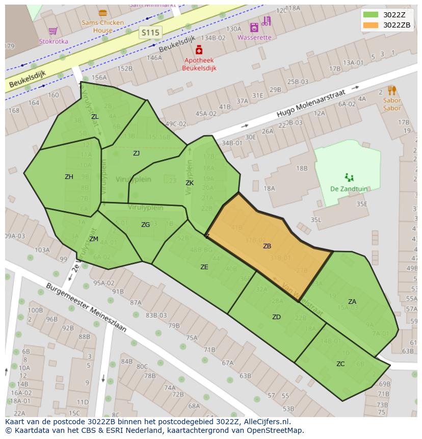 Afbeelding van het postcodegebied 3022 ZB op de kaart.