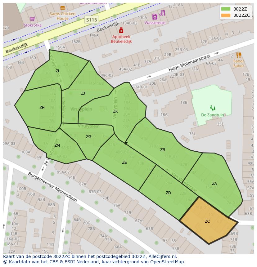 Afbeelding van het postcodegebied 3022 ZC op de kaart.