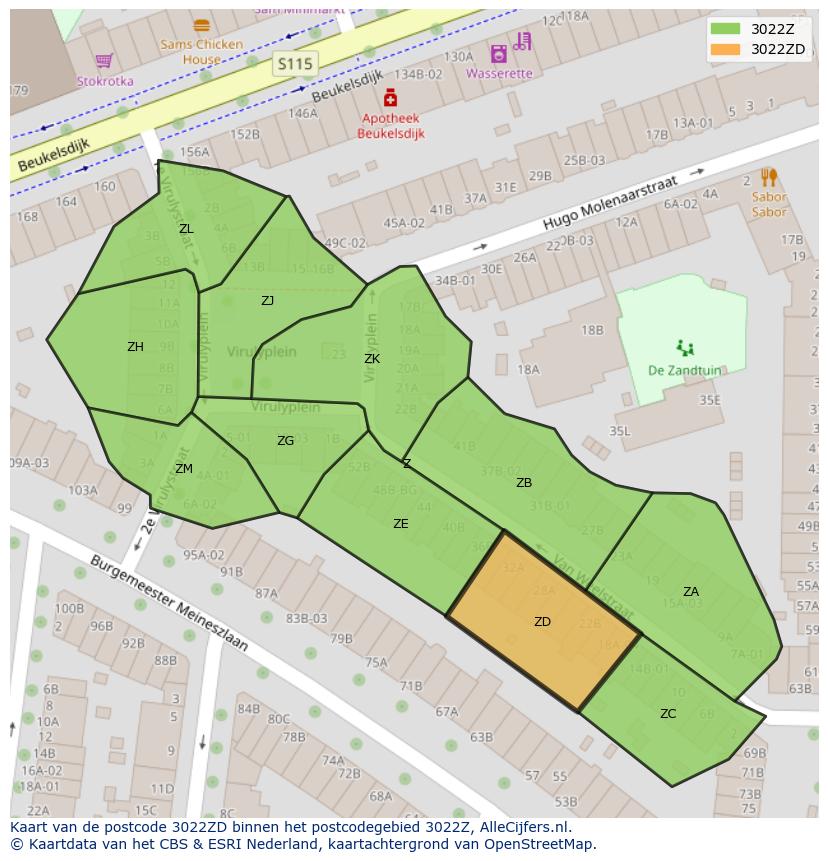 Afbeelding van het postcodegebied 3022 ZD op de kaart.