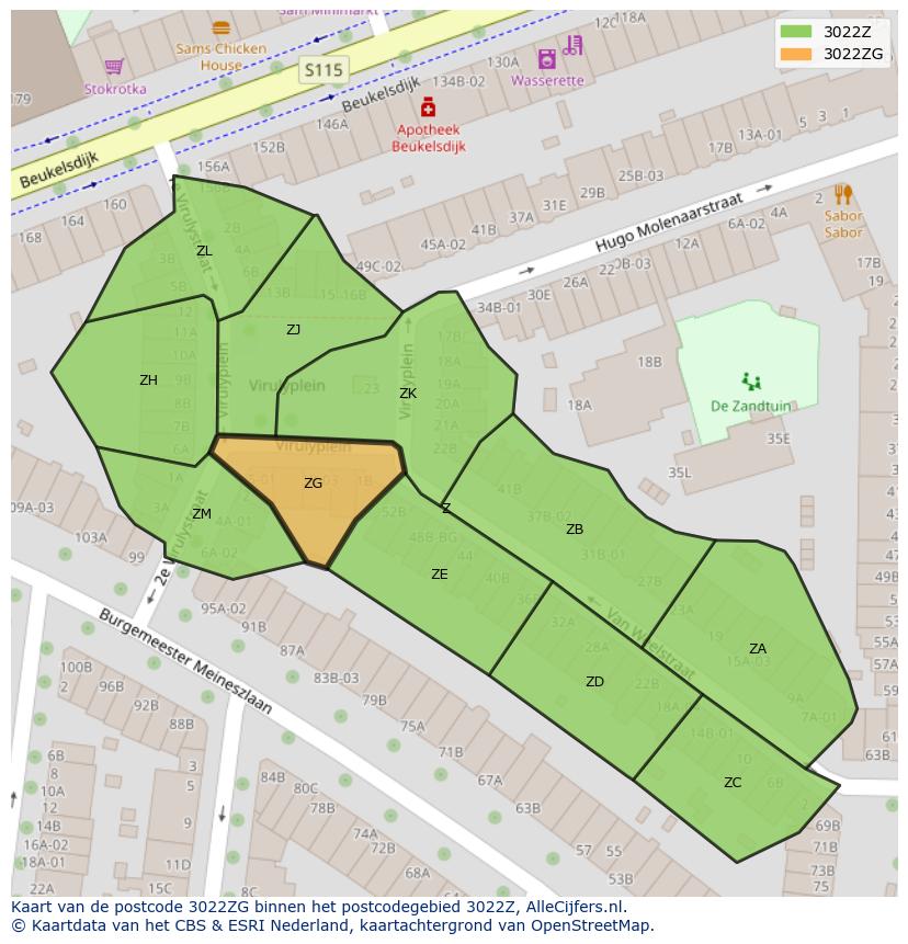 Afbeelding van het postcodegebied 3022 ZG op de kaart.
