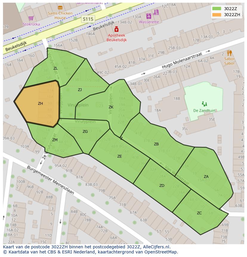 Afbeelding van het postcodegebied 3022 ZH op de kaart.