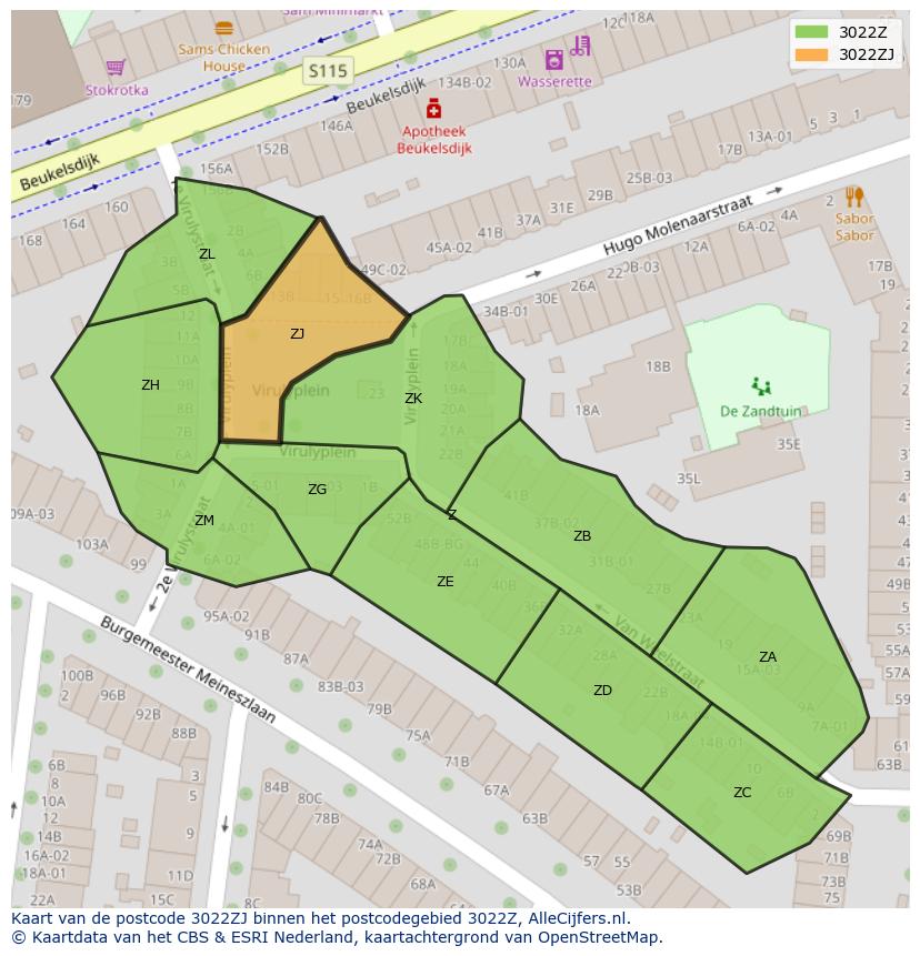 Afbeelding van het postcodegebied 3022 ZJ op de kaart.