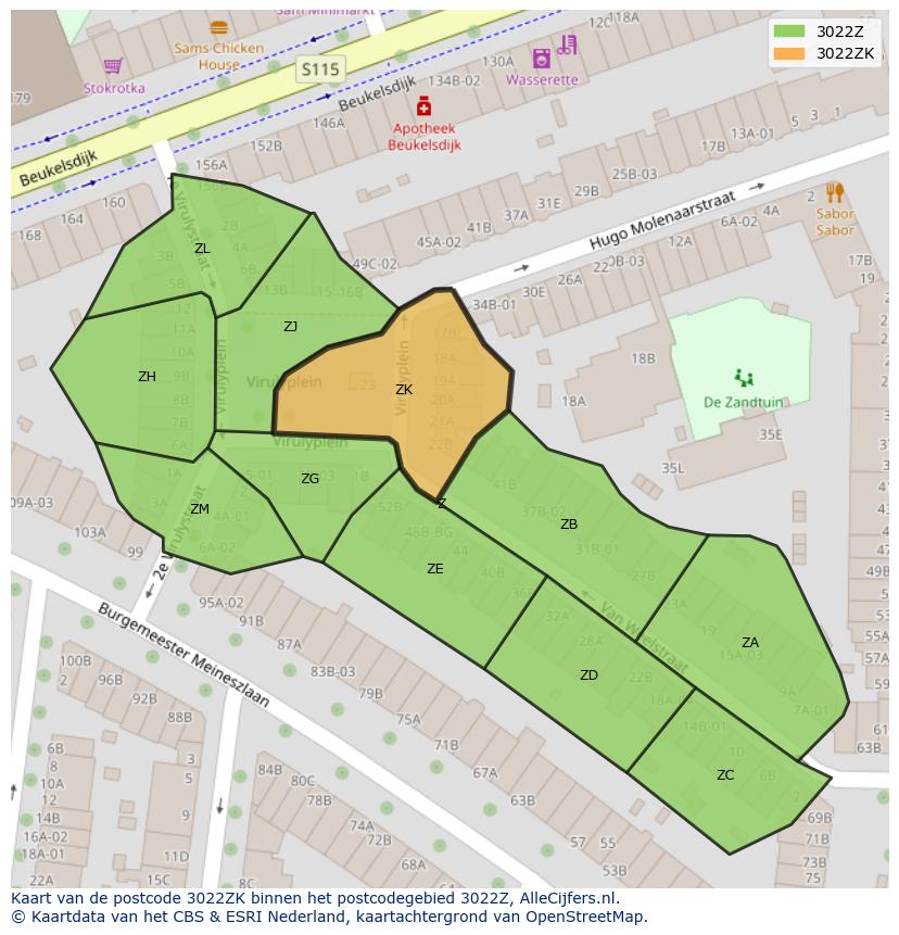 Afbeelding van het postcodegebied 3022 ZK op de kaart.