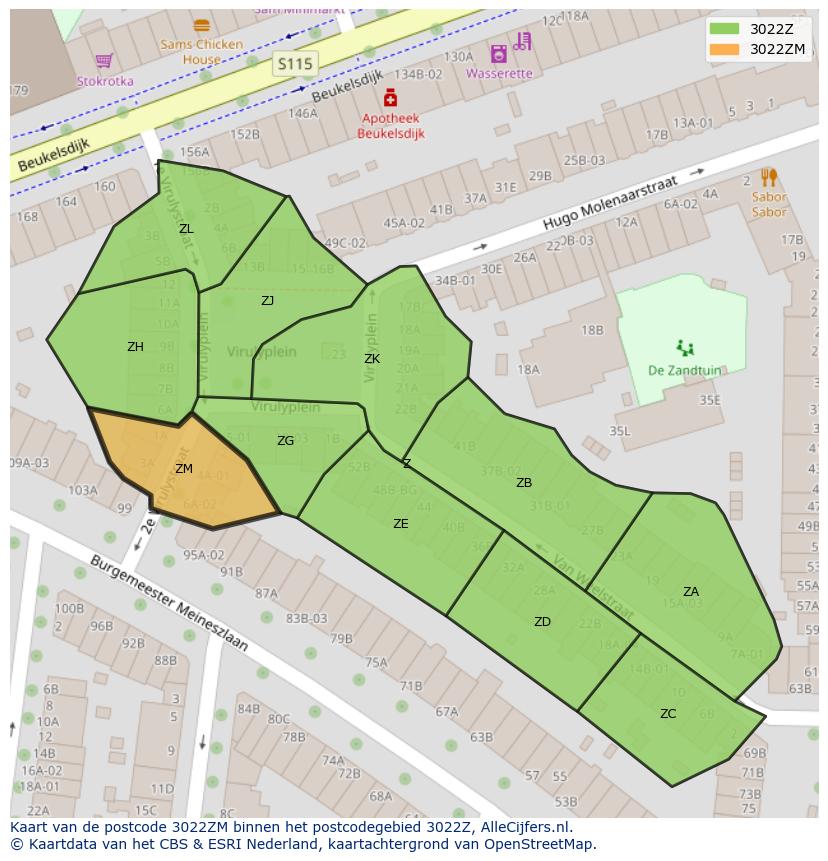 Afbeelding van het postcodegebied 3022 ZM op de kaart.