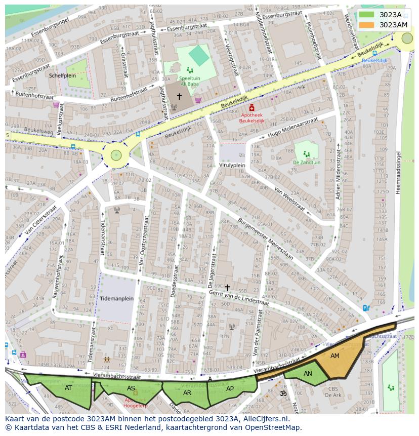 Afbeelding van het postcodegebied 3023 AM op de kaart.