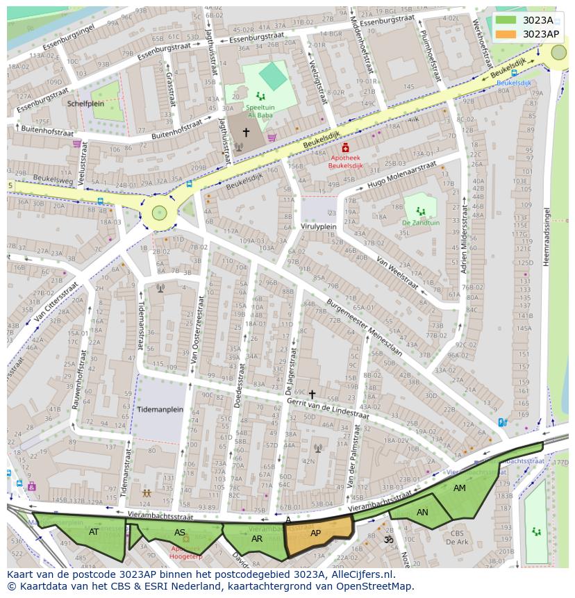 Afbeelding van het postcodegebied 3023 AP op de kaart.